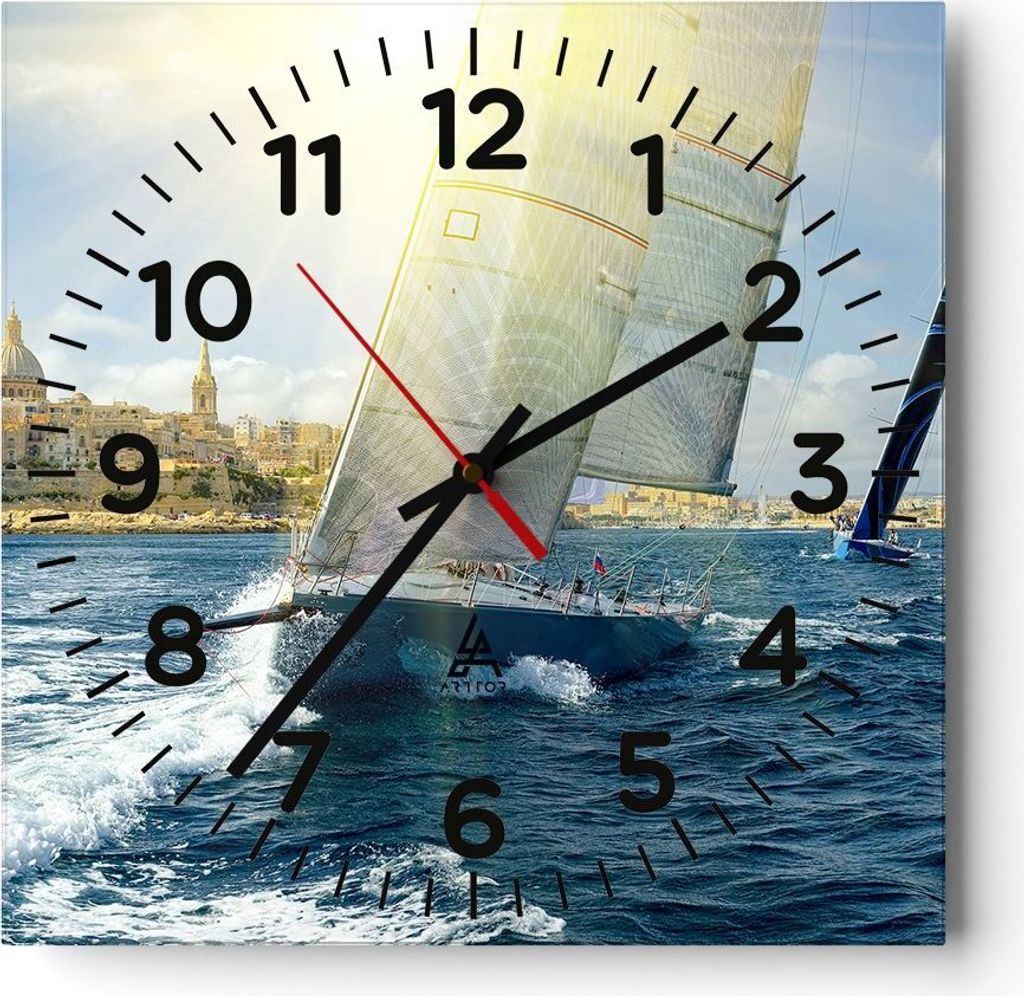 Wanduhr - Quadrat - Glasuhr - Yacht Meer Welle - 40x40cm - Schleichendes Uhrwerk - Lautlos - zum Aufhängen bereit - Dekoration Modern - Wanddekora...