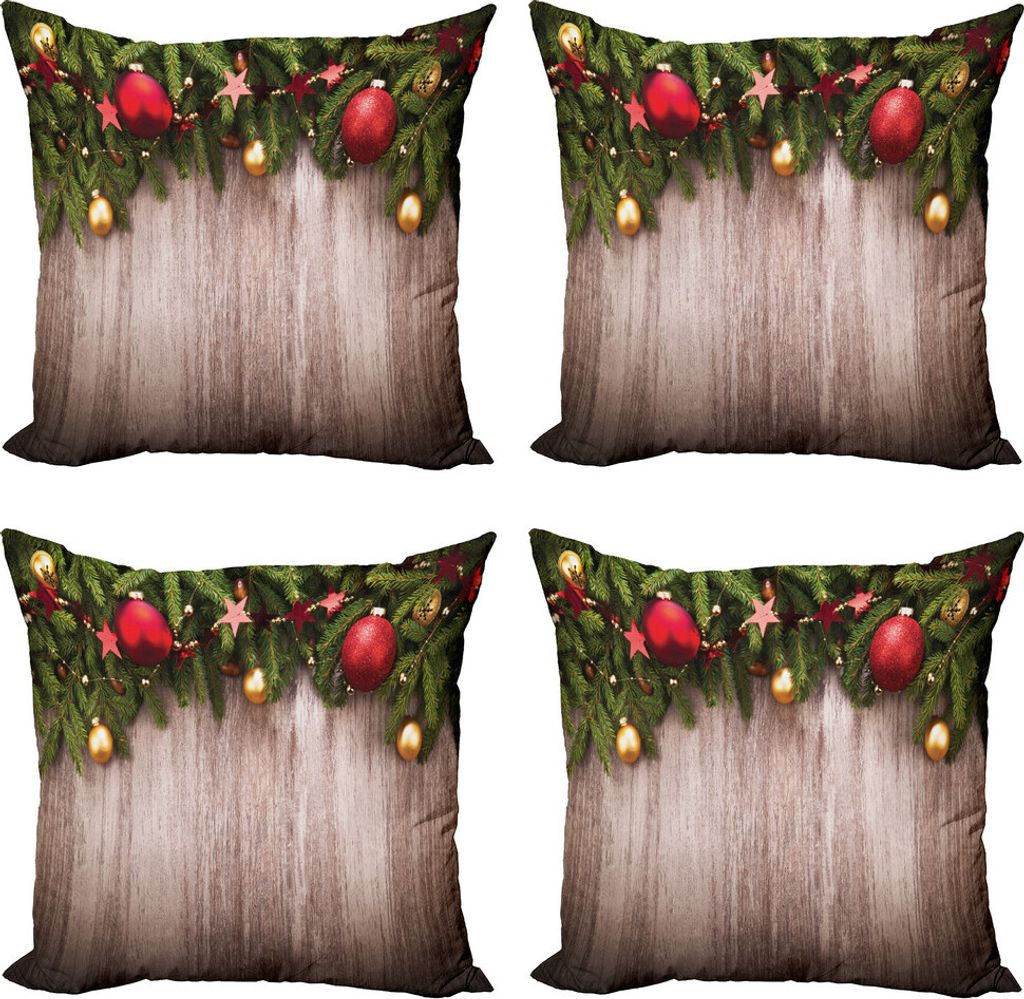 ABAKUHAUS Weihnachten Kissenbezug Set (4 Stück), Holz Rustikales Weihnachten, Moderner Doppelseitiger Digitaldruck, 50 cm x 50 cm, Braun, Grün, Rot