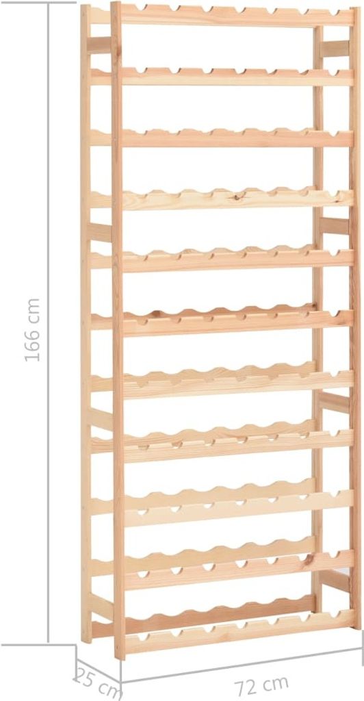 A tall, narrow wooden wine rack with multiple shelves designed to hold many bottles.