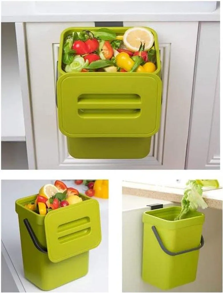 Bac à compost cuisine vert avec couvercle hermétique et anse 3L