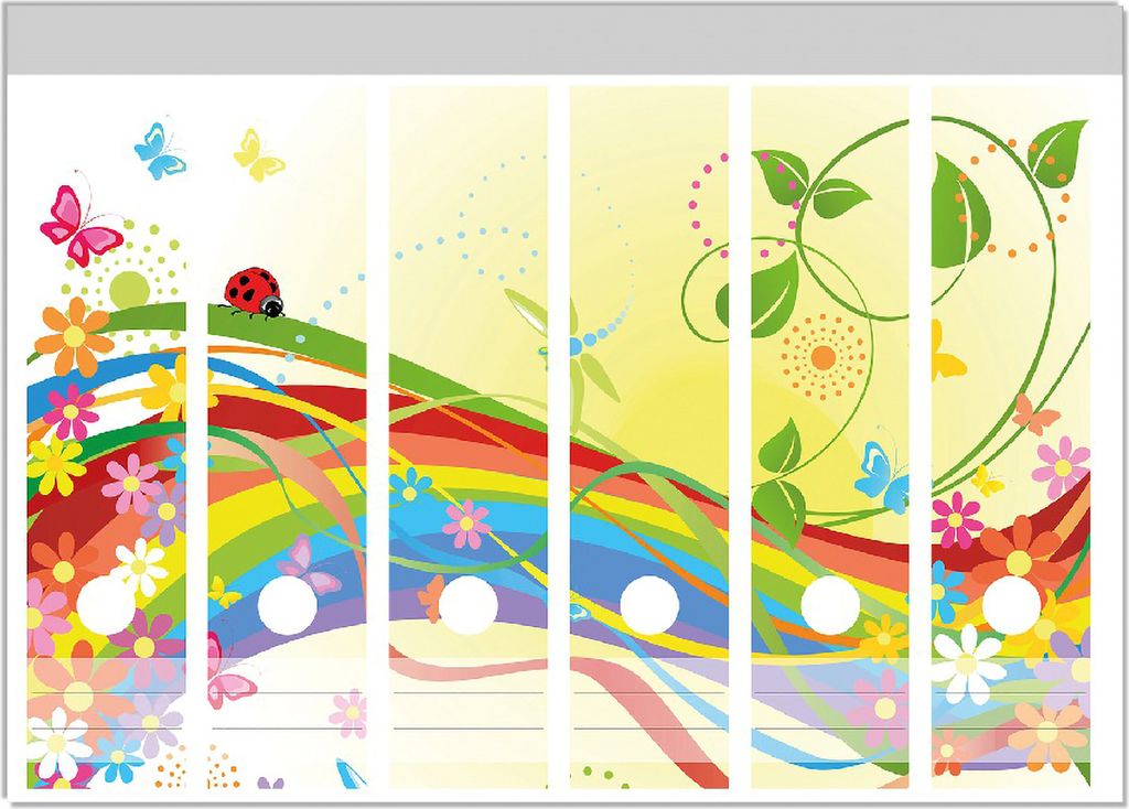 Wallario Ordnerrücken Sticker, selbstklebend für breite Ordner, 6 Stück, Motiv Regenbogen im Sommer - Bienchen und Blümchen