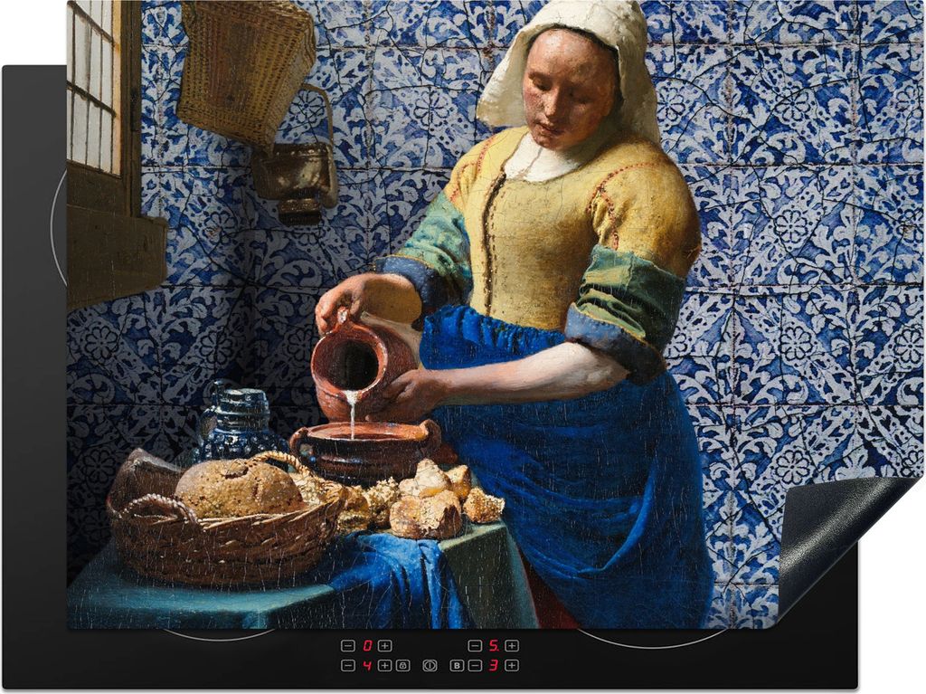 KitchenYeah Herdabdeckplatte Milchmädchen - Delfter Blau - Vermeer - Gemälde - Alte Meister , 70x52cm, Küche Deko, Glaskeramikkochfeld Herdabd...