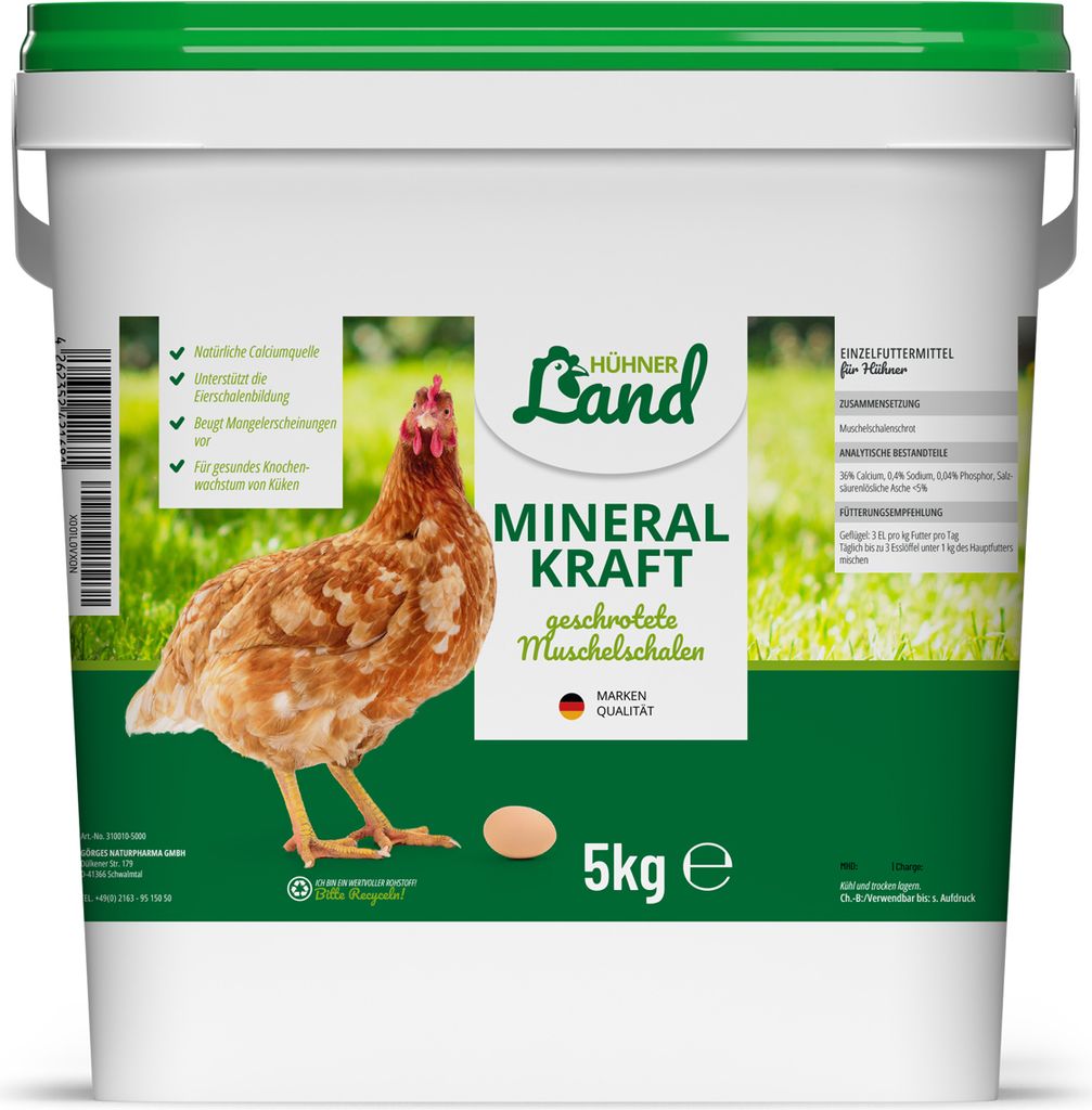 HÜHNER Land Mineral Kraft für Hühner 5kg, Natürliches Muschelschrot, Muschelgrit - Reich an Calcium, Mineralgrit für Knochen- & Eibildung, Gri...