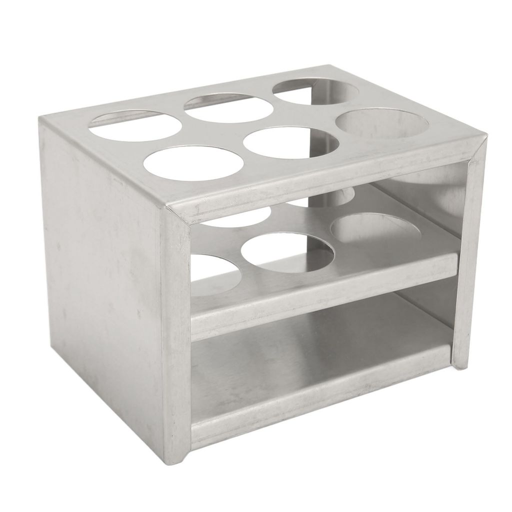 A stainless steel test tube rack with two shelves and six circular openings.