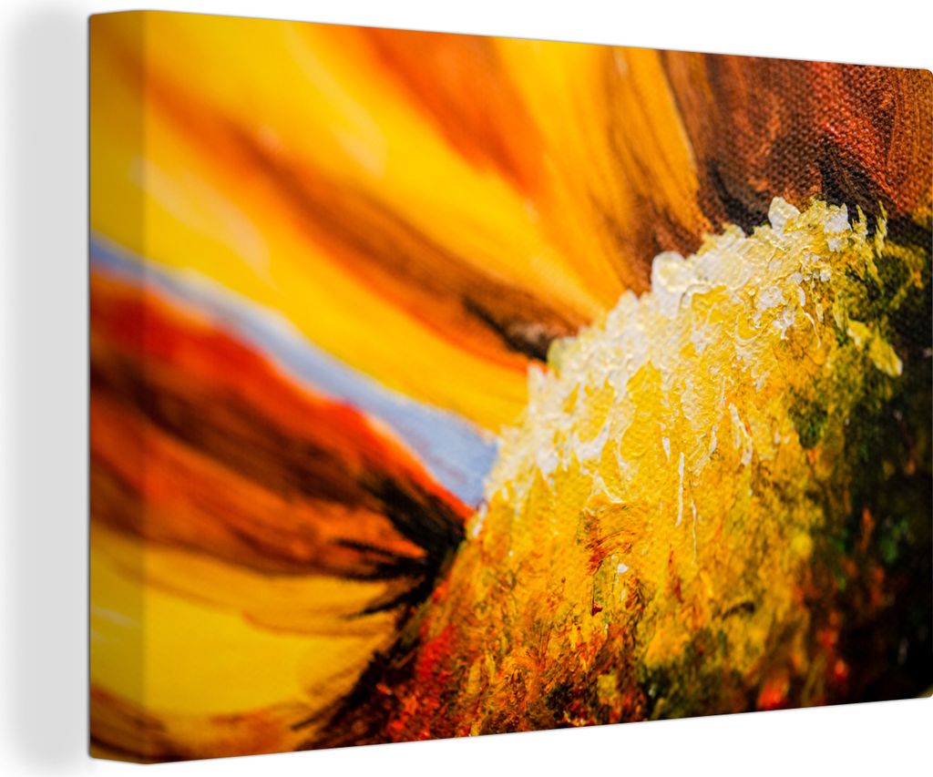 OneMillionCanvasses - Leinwandbilder - 140x90 cm, Nahaufnahme eines Ölgemäldes mit einer Sonnenblume, Wandbilder Kunstdruck Wanddekoration - Fo...