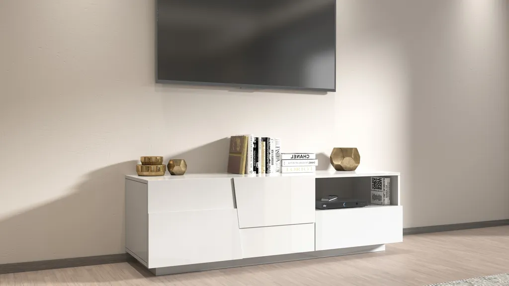 Meuble TV 150cm Blanc Brillant Bitonto avec Rangement Large Format