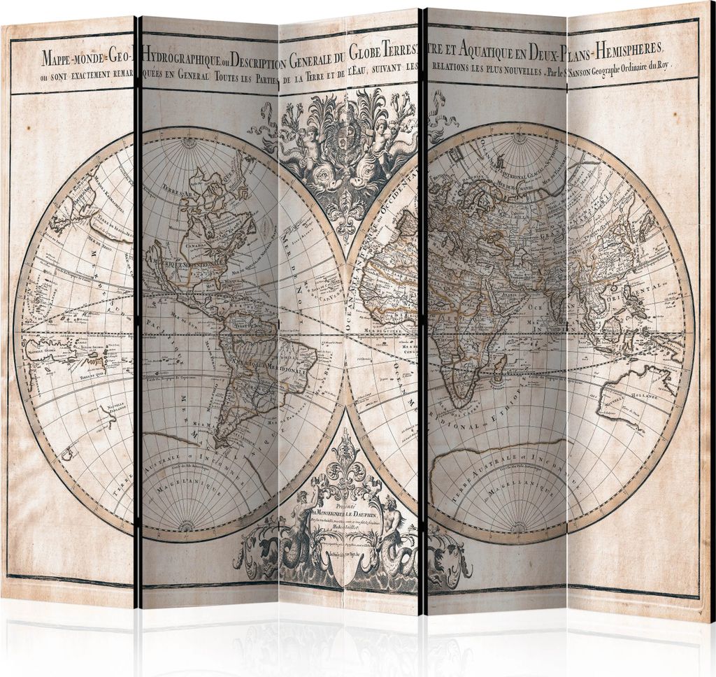 5-teiliger Doppelseitiger Vlies Paravent - Mappe-Monde Geo-Hydrographique 225x172 cm Karten k-B-0033-z-c