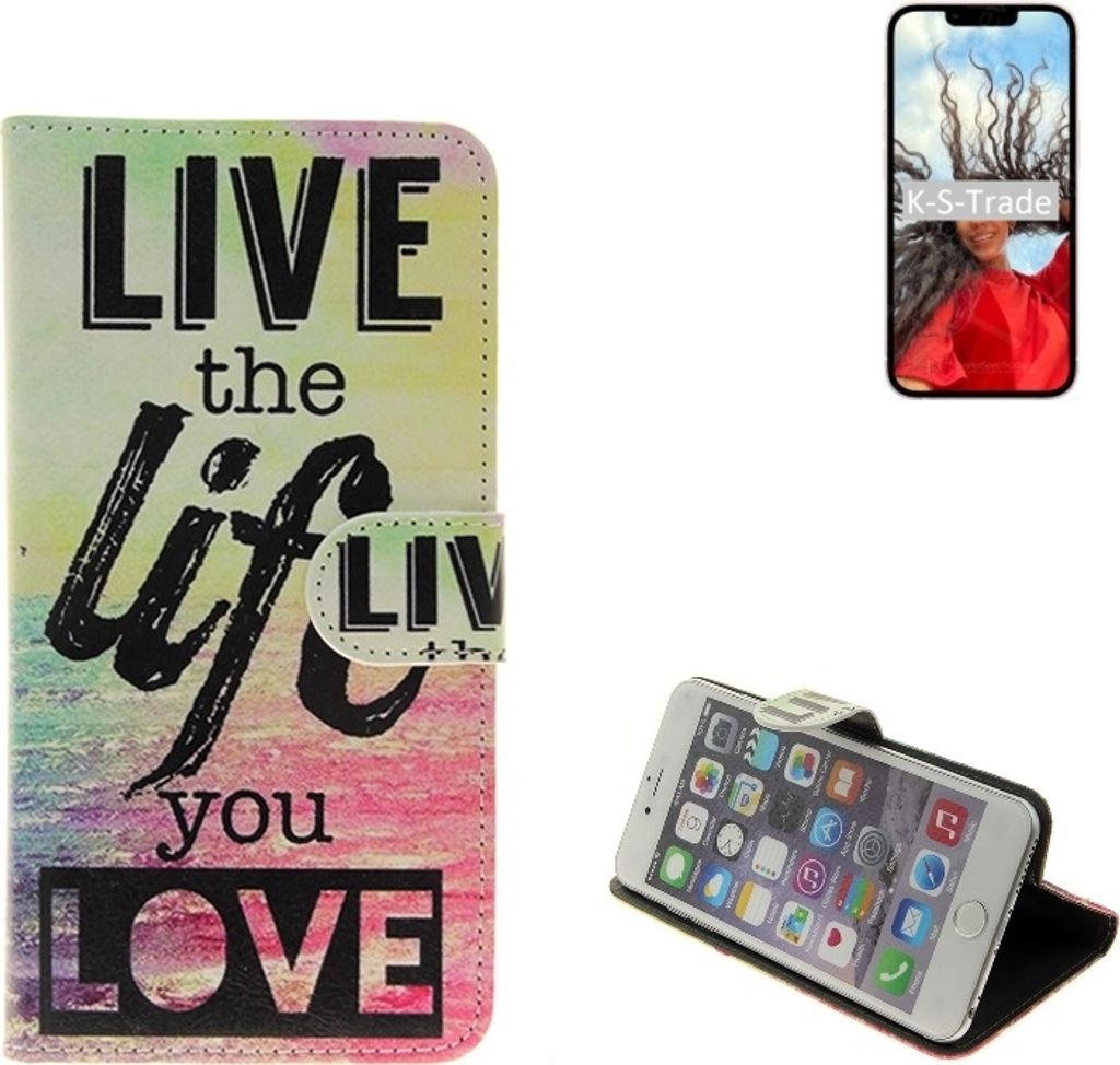 K-S-Trade Schutzhülle Handyhülle kompatibel mit Apple iPhone 13 360° Wallet Case ''live life love'' Klapphülle Tasche Etui Smartphone Flip cover