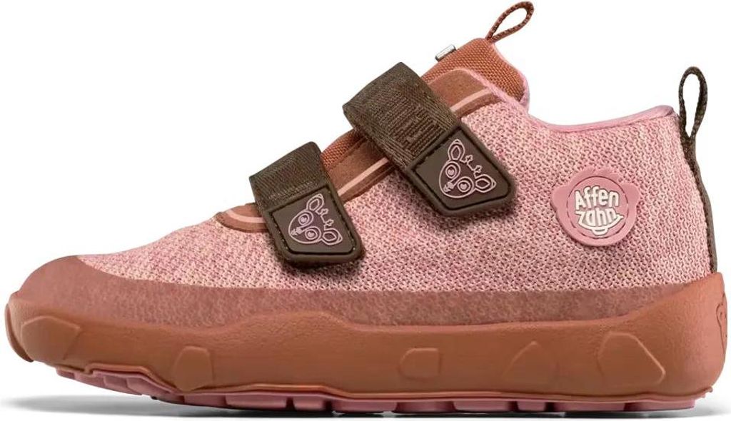 A single pink shoe with brown accents is shown against a white background.