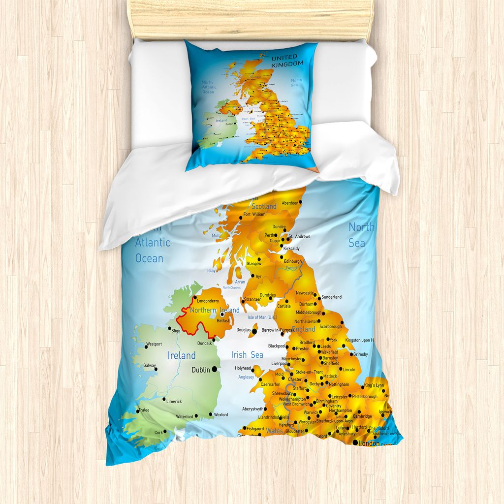 ABAKUHAUS Karte Bettbezug Set für Einzelbetten, Vereinigtes Königreich Land, Borders, Milbensicher Allergiker geeignet mit Kissenbezug, 135 cm x ...