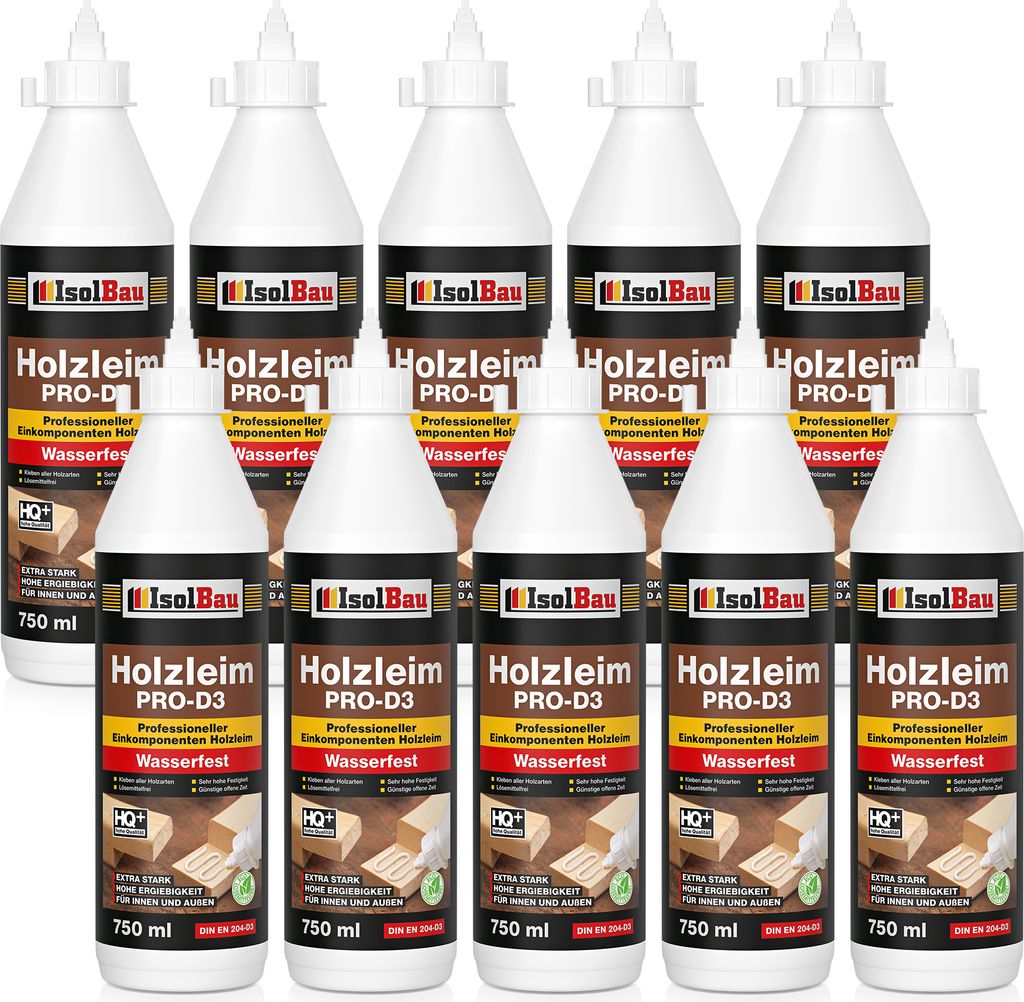 Isolbau Holzleim PRO-D3 - 10 x 750 ml (860 g) Extra starker Holzkleber für alle Holzarten, für Innen & Außen, Wasserfest, Lösemittelfrei