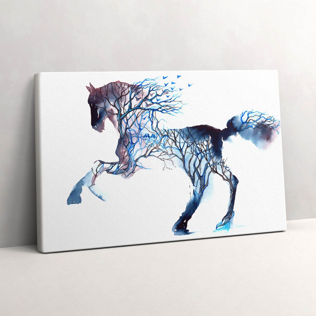 Tierische Natur - gemaltes Pferd und Bäume – Leinwandbild Wandbild – 60x40 cm – Leinwandbilder – Wandbilder – Schlafzimmer – Flur