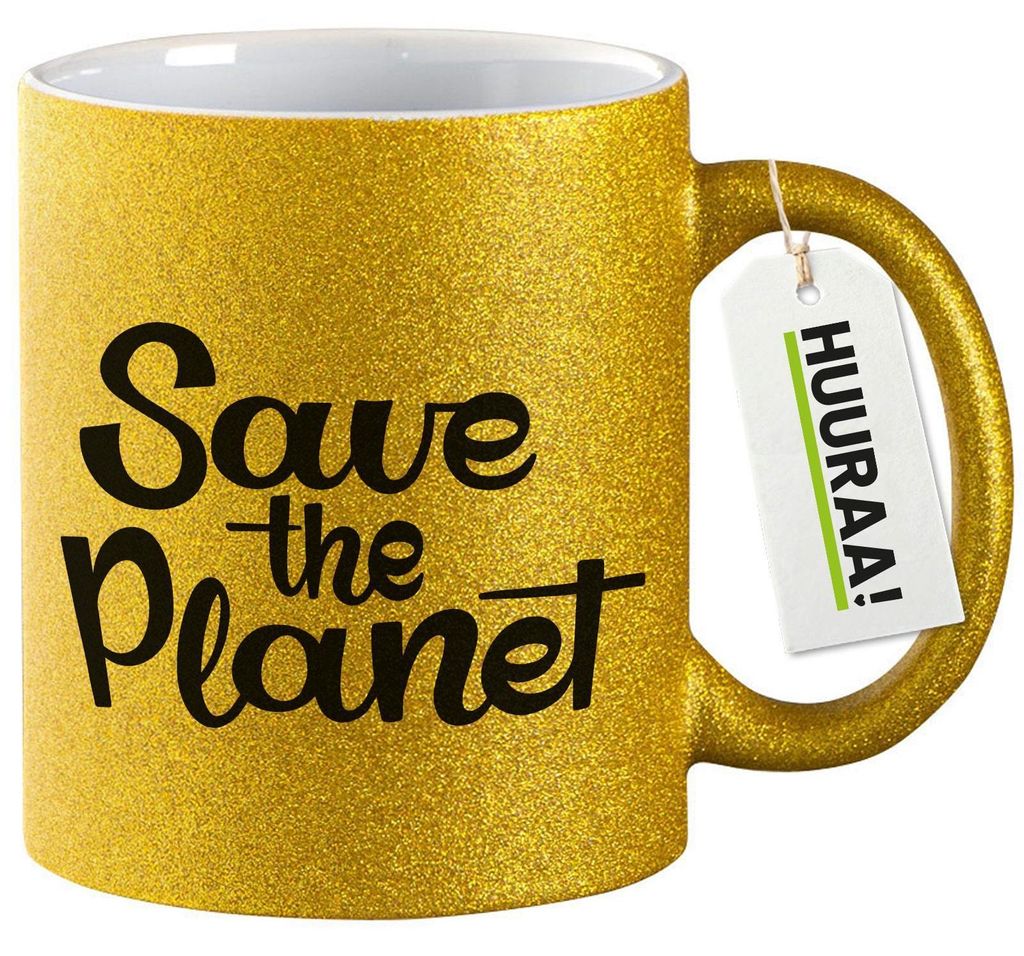 Huuraa Glitzertasse Save the Planet Schriftzug 330ml Gold Keramik Kaffeebecher Geschenkidee