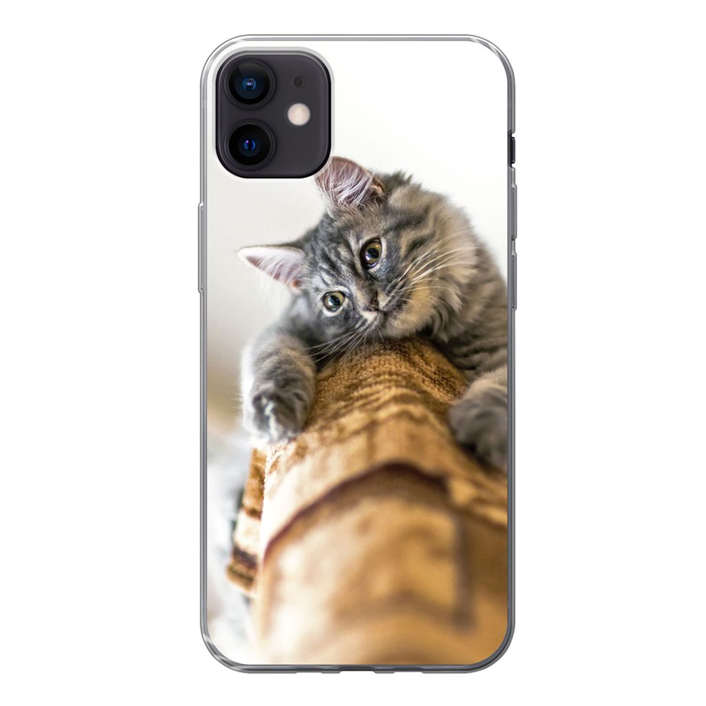 MuchoWow Handyhülle Schutzhülle Hülle für iPhone 12 mini Katze - Kratzbaum - Grau Silikon Softcase Handy Hülle - Bild