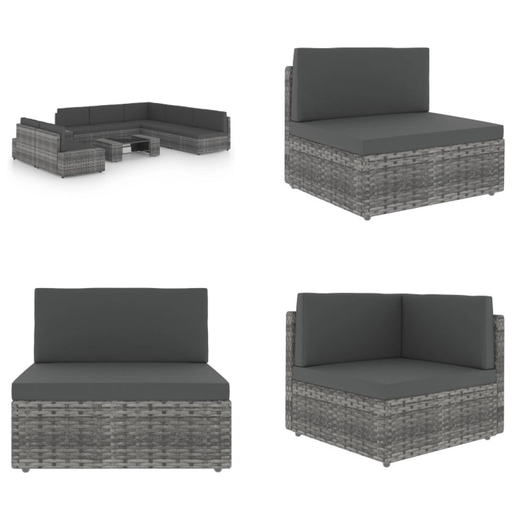 vidaXL 8 tlg. Garten Lounge Set mit Kissen Grau Poly Rattan - Garten-Lounge-Set - Garten-Lounge-Sets - Terrassen-Lounge-Set - Terrassen-Lounge-Sets