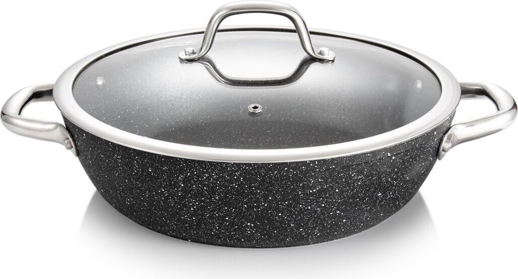 A close-up studio shot of a deep frying pan with a glass lid and silver handles, set against a white background.