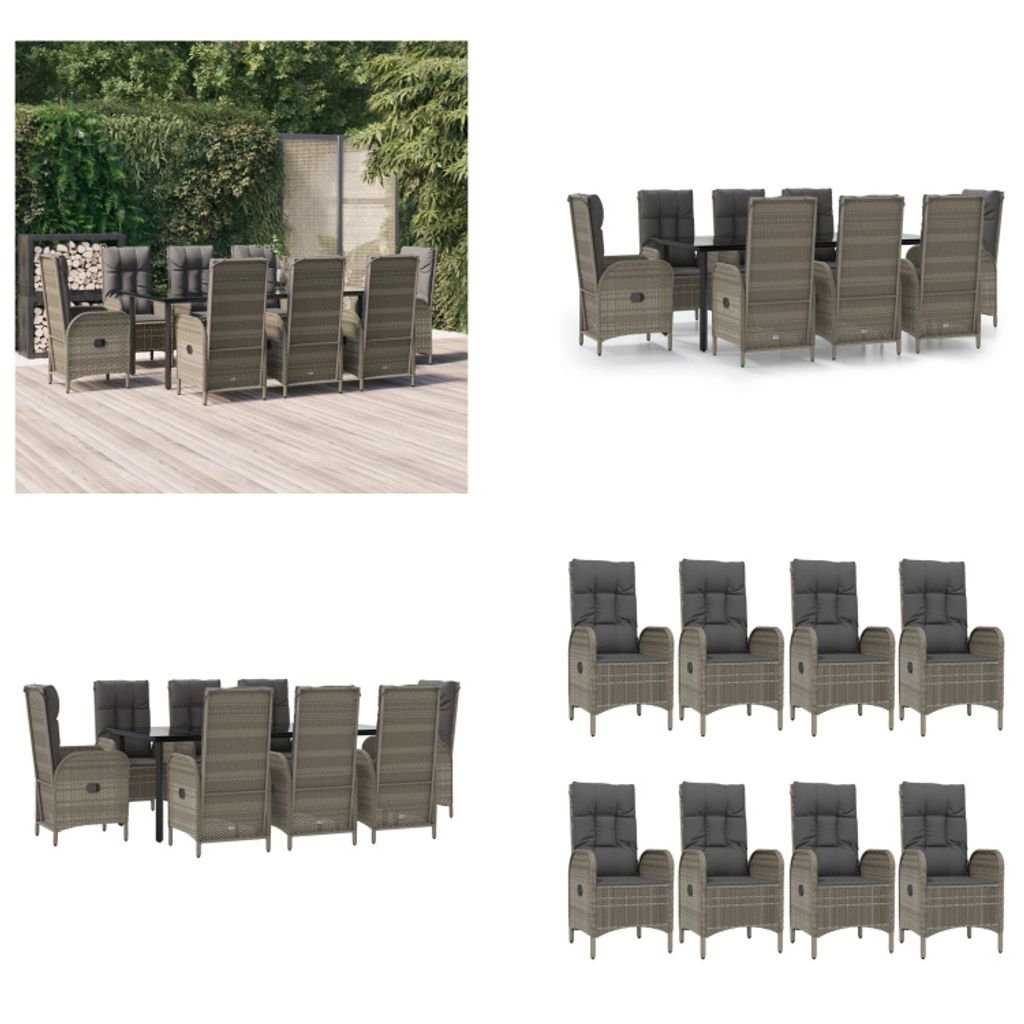 vidaXL 9 tlg. Garten Essgruppe mit Kissen Schwarz und Grau Poly Rattan - Garten Essgruppe - Garten Essgruppen - Essgruppe - Essgruppe Terrasse