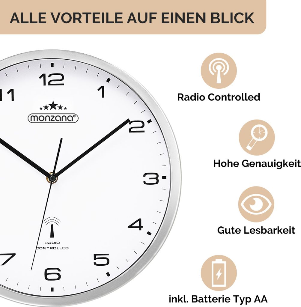 MONZANA® Wanduhr Funk Ø 31cm Automatische Zeitumstellung