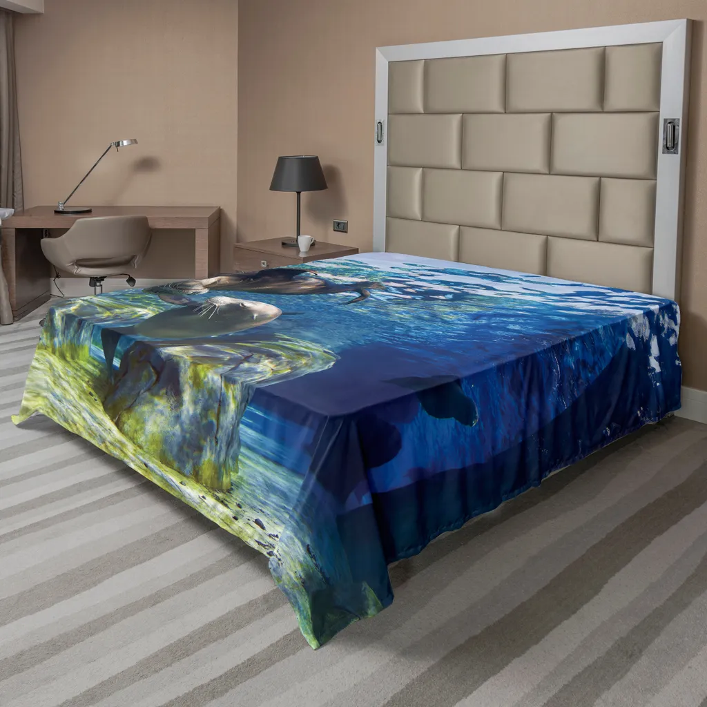 Drap Plat Anti-Plis et Doux 275x260 cm Motif Lion de Mer Bleu Marine