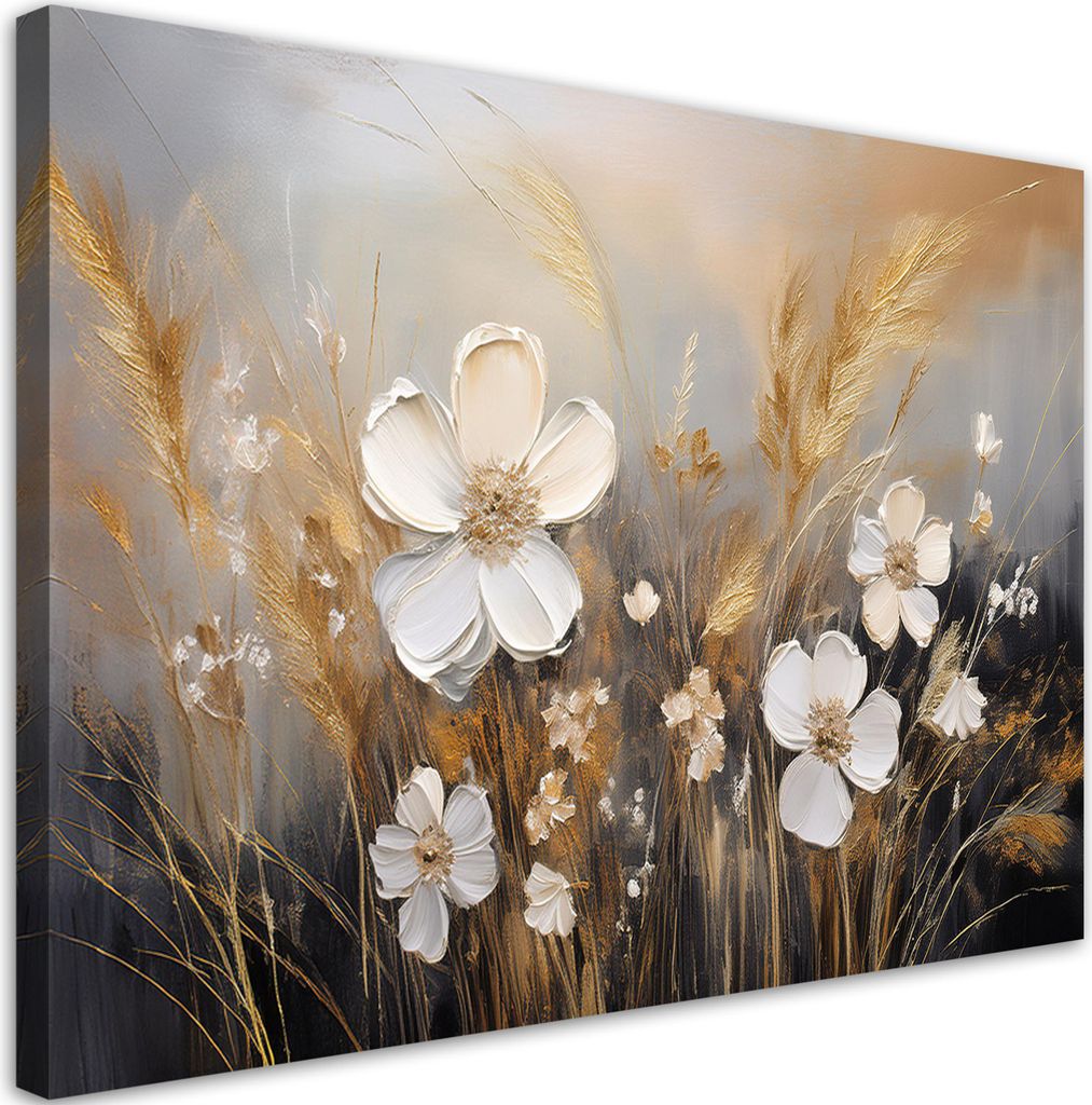 Leinwandbild Wildblumen Gras Boho Beige 100x70 Feeby Beige bild für die wand bereit zum aufhängen