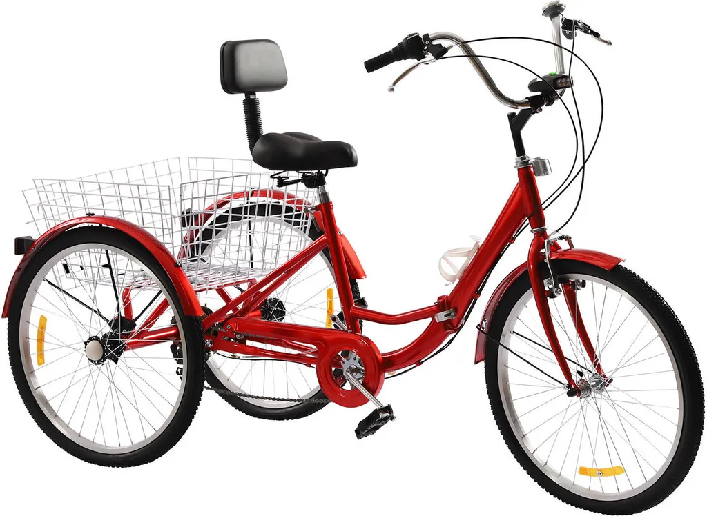 Tricycle Senior 7 Vitesses avec Cadre en Acier et Large Panier Rouge