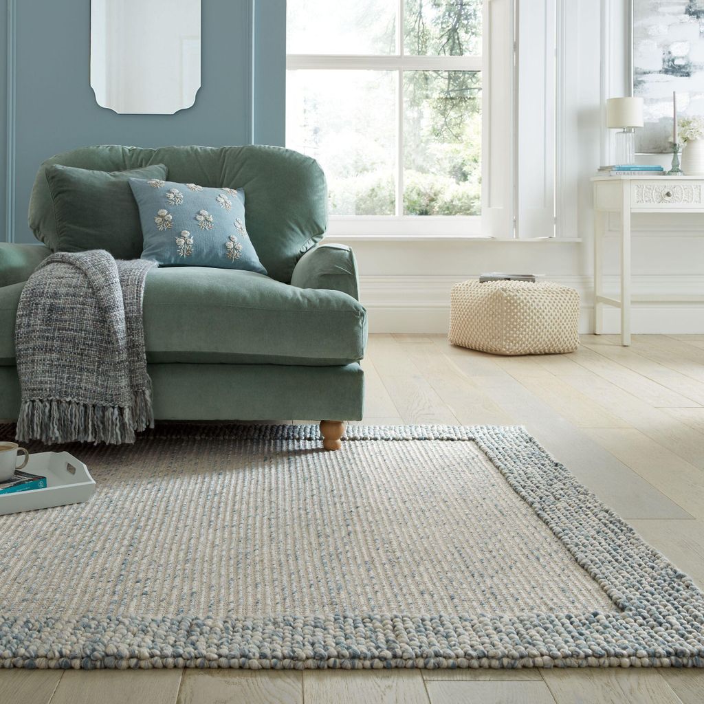 Teppich Kurzflor Unifarben, Bordüre, Robuster Woll-Mix Blau-Natur Rechteckig 80x150 | 78% Wolle, 22% Polyester, ohne Rückenbeschichtung