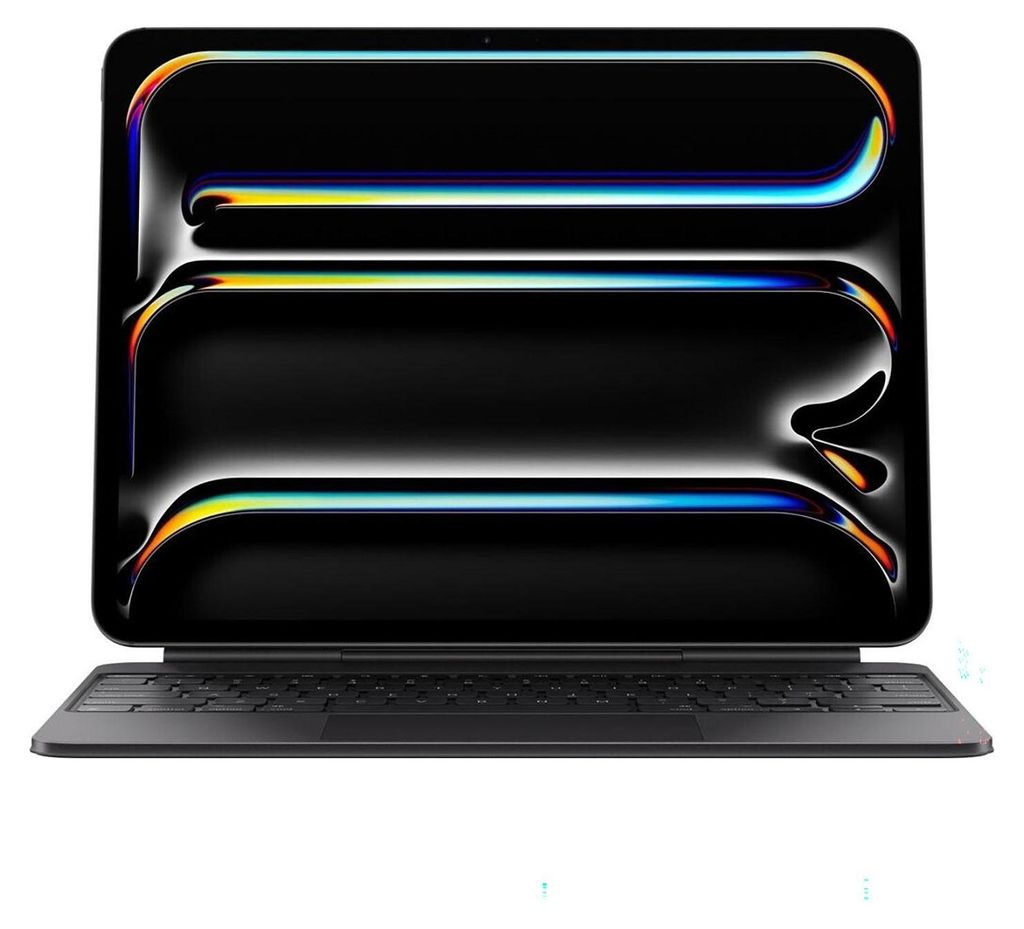 A black Magic Keyboard for an iPad Pro is shown from a front-facing, slightly elevated angle, with the iPad screen displaying a colorful, abstract wallpaper.