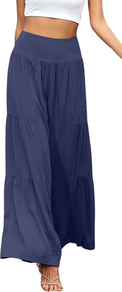 ASKSA Damen Leinenhose Sommer Elegant Hohe Taille Weites Bein Freizeithose Leichte Hosen, Dunkelblau, Groesse: S