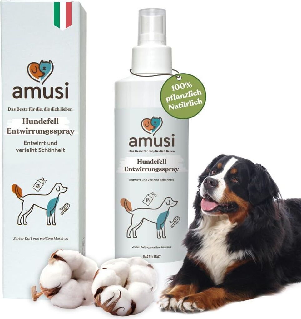 amusi Fellpflege Hund 250ml - Entfilzungsspray Hunde hypoallergene Formel auf Pflanzenölbasis, Hundeparfüm - Fellspray Hund und nährende Wirkung