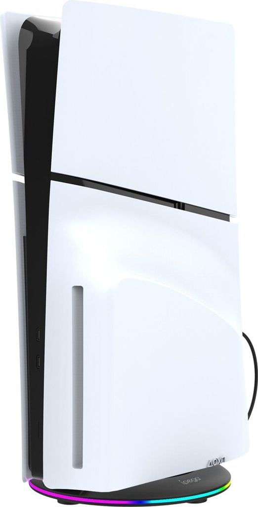 A white gaming console with a black interior, standing vertically on a black base with RGB lighting.