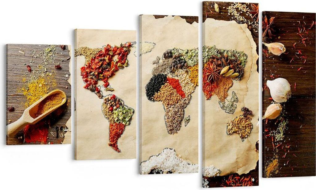 Bild auf Leinwand - Leinwandbild - Welt Karte Gewürze Farben - 100x60cm - Wand Bild - Wanddeko - Leinwanddruck - Bilder - Kunstdruck - Wanddekorat...