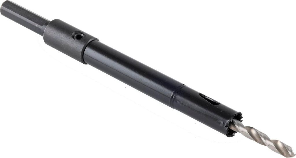 A close-up shot of a hole saw drill bit attachment on a white background.