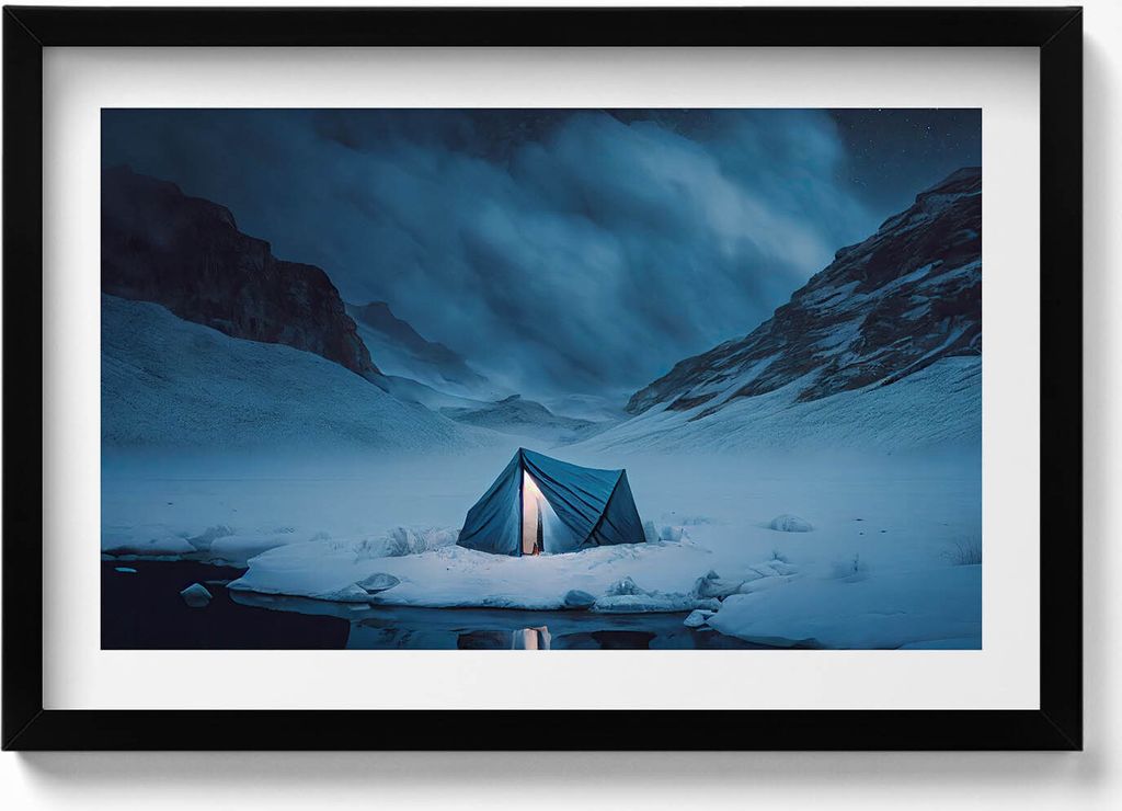 Zelt in den Bergen von Island– Wandbild mit Rahmen – Gerahmtes Bild – Wanddekoration – 60x40 cm – Schwarz Rahmen