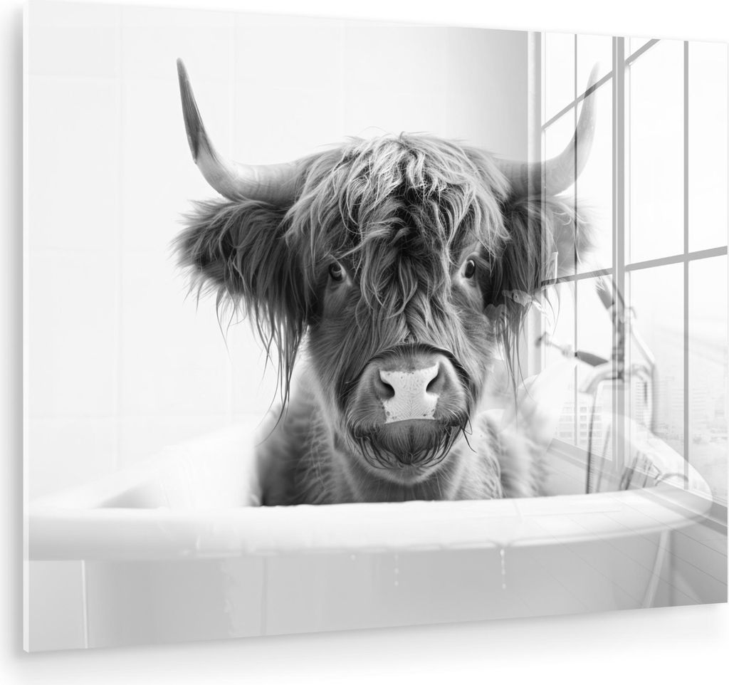 MuchoWow Glasbilder - Bilder auf Wandbild - Foto auf Glas Schottisches Hochlandrind - Kuh - Bad - Schwarz und weiß 40x30 cm Wanddekoration aus Gla...