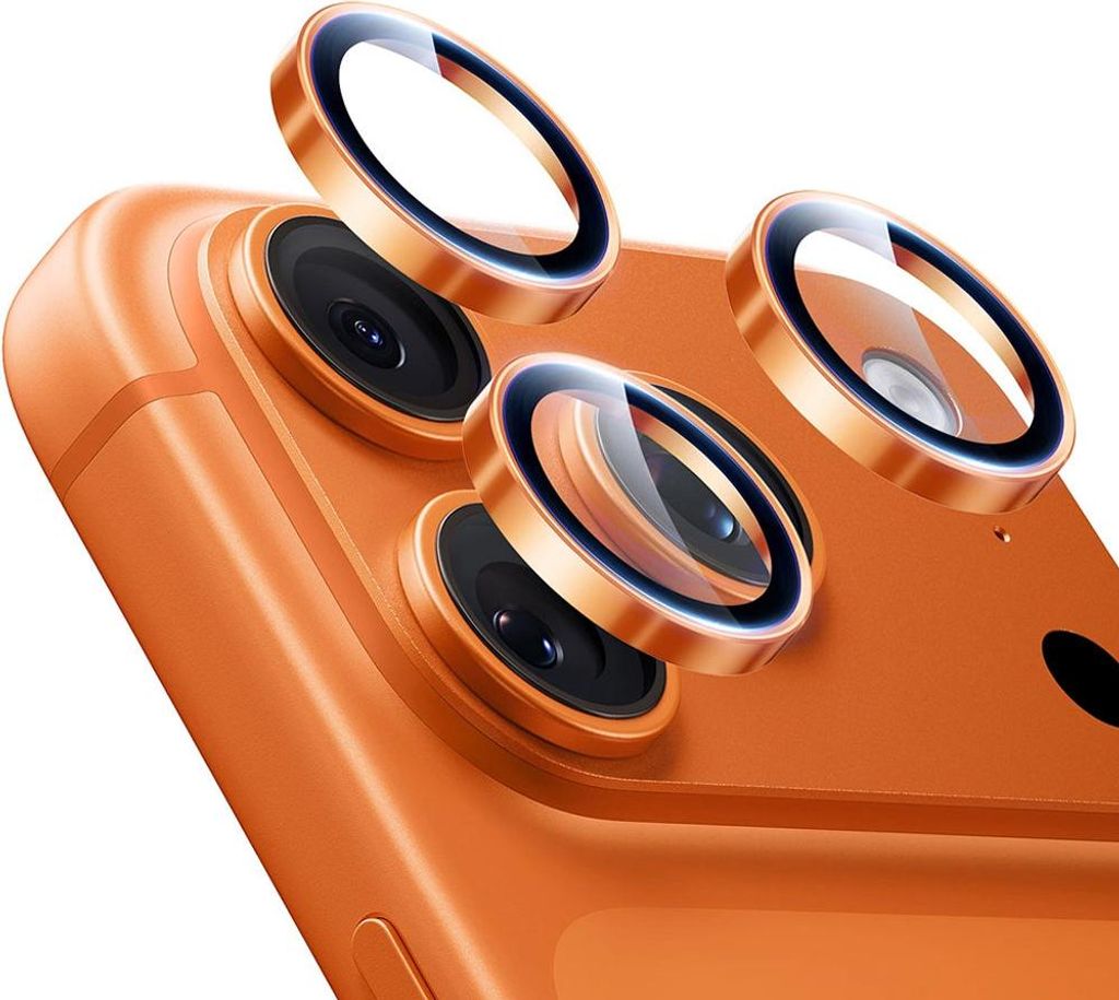 Close-up view of camera lens protectors on an orange smartphone.