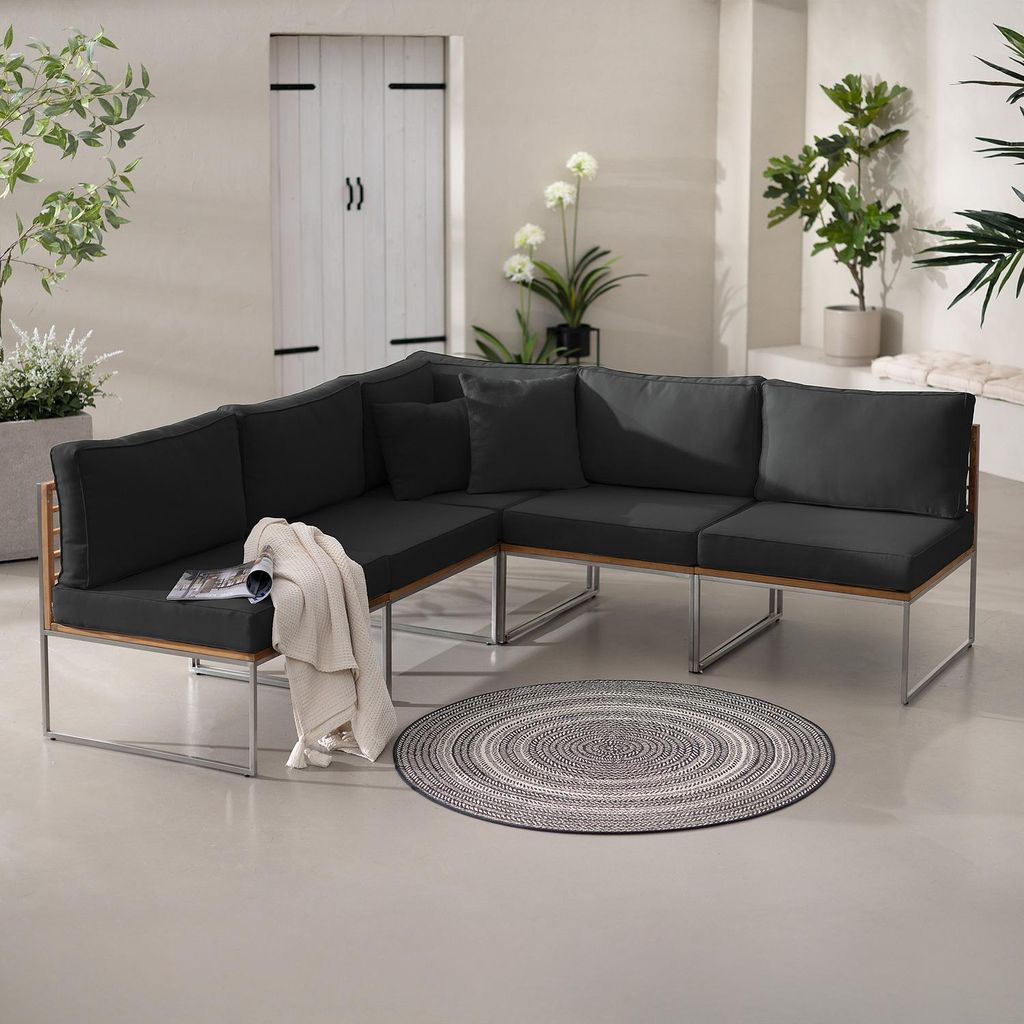 home24 Loungeset - 5-teilig - Webstoff / Teak Massiv