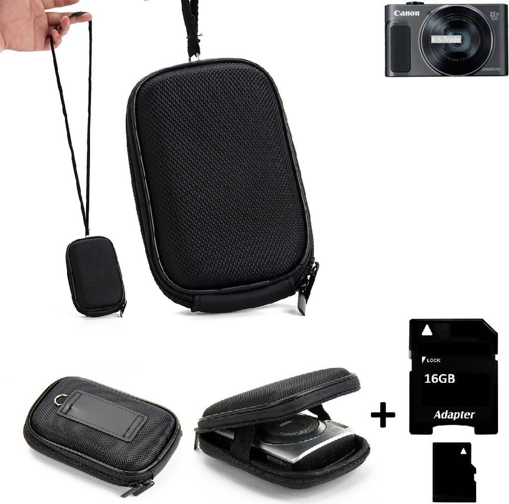 K-S-Trade Kameratasche kompatibel mit Canon PowerShot SX620 HS Hardcase für Kompaktkamera + 16GB Speicherkarte Gürteltasche Case Schutz Hülle