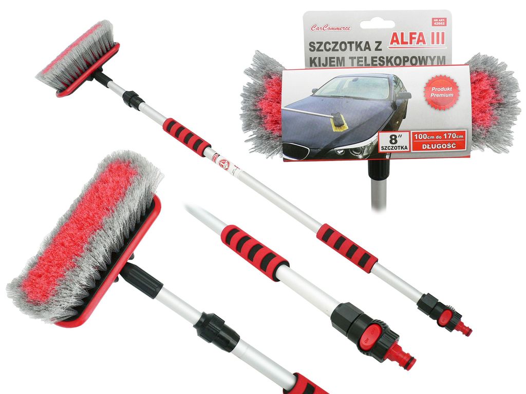 A car wash brush with a telescopic handle, shown with a product packaging and a close-up of the brush head.