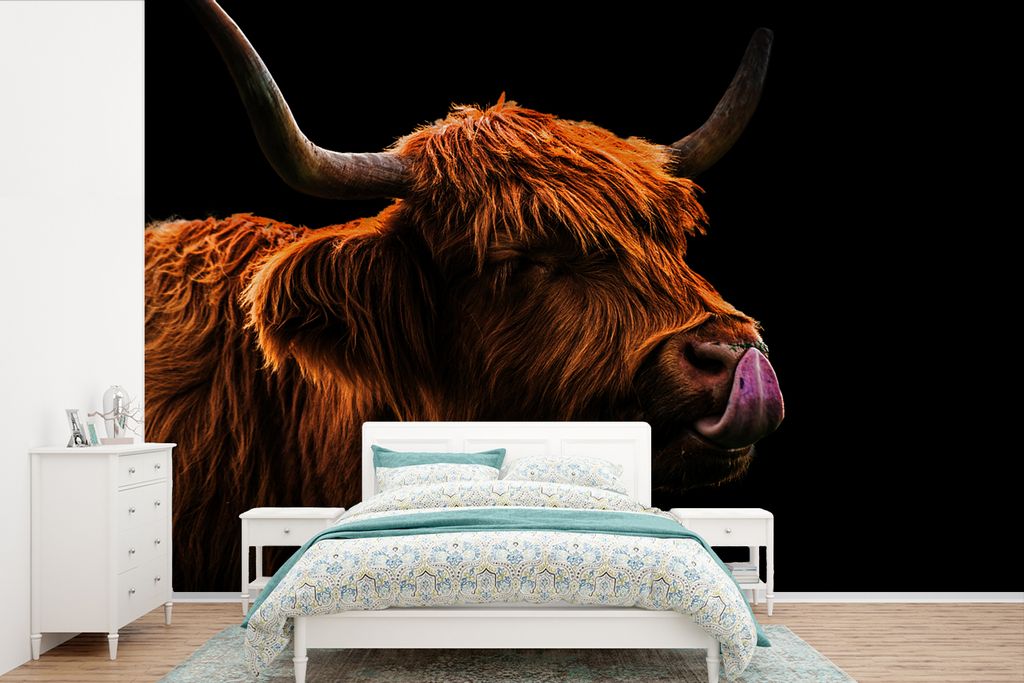 MuchoWow Fototapete für Wohnzimmer oder Schlafzimmer Wandtapete Vinyl Motivtapete Schottischer Highlander - Zunge - Nase - 420x280 cm - Zimmer f...