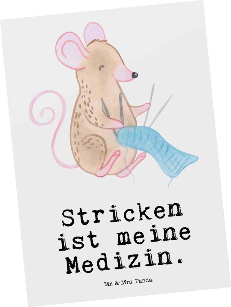 Mr. & Mrs. Panda Postkarte Maus Stricken - Weiß - Geschenk, Grußkarte, Ansichtskarte, Postkarten, DIY, Fotokarte, Ansichtskarten