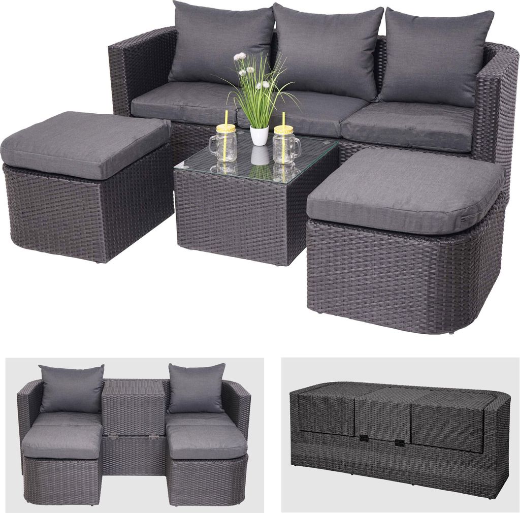 3in1-Garnitur HWC-J37, Garten-/Lounge-Set Sonneninsel, Spun Poly Poly-Rattan MVG anthrazit, Kissen dunkelgrau
