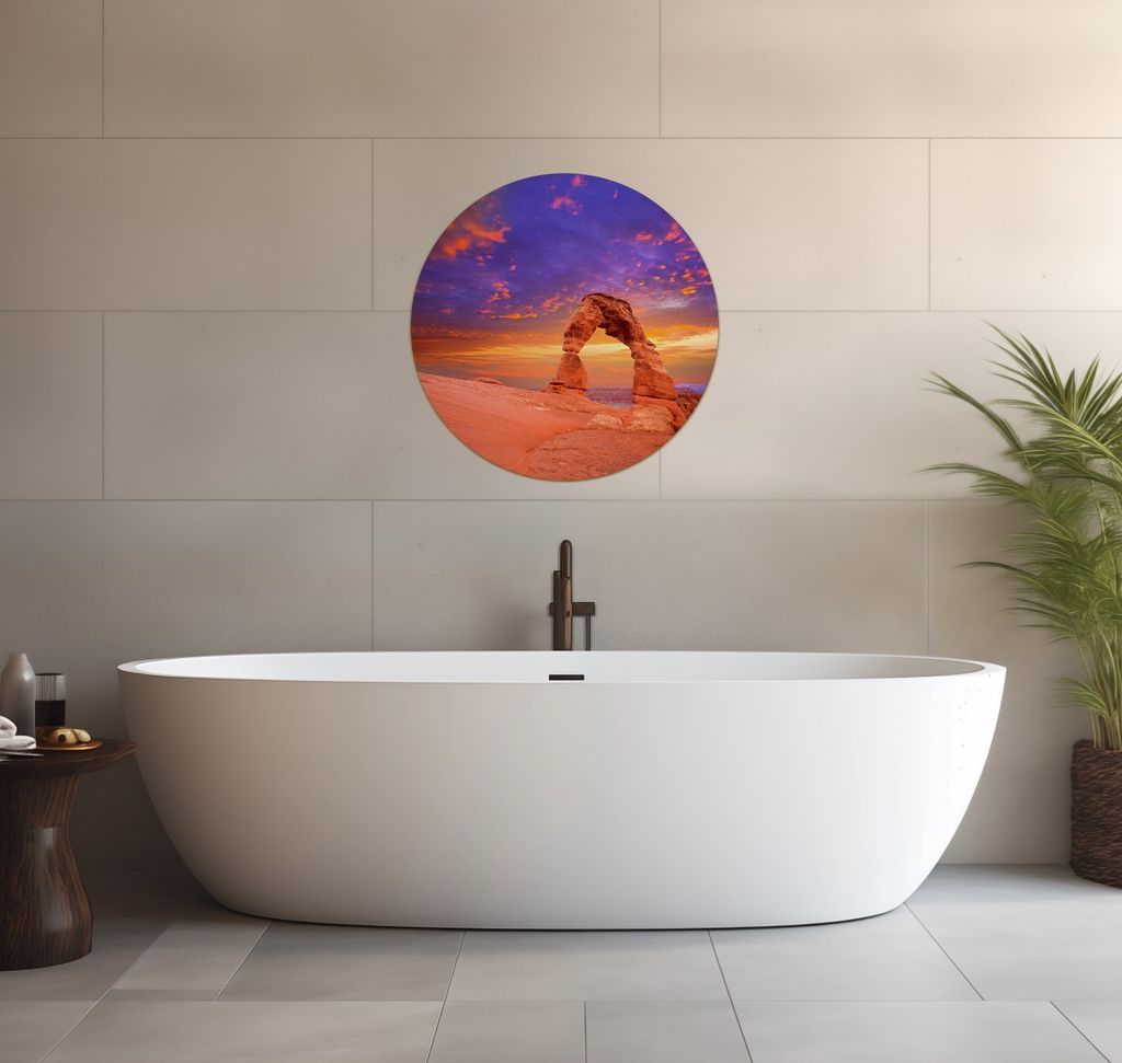 Wallario wasserfestes Poster selbstklebend 60 x 60 cm, Steinbogen vor einem farbenfrohen Himmel in lila-rot, Badezimmerposter Spritzschutz mit Hoch...