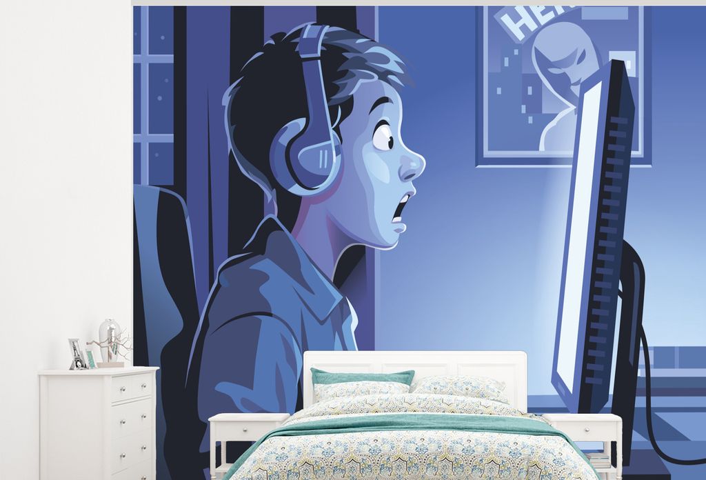 MuchoWow Fototapete für Wohnzimmer oder Schlafzimmer Wandtapete Vinyl Motivtapete Junge - Spielen - Computer - Nacht - 375x300 cm - Tapezierpapier