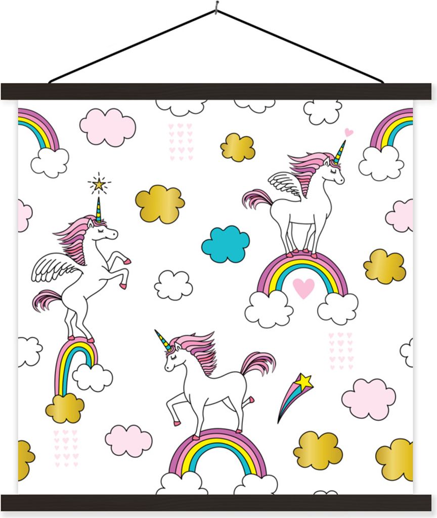 MuchoWow Textilposter Eine Illustration von Einhörnern auf Regenbögen - Mädchen - Kinder - Kinder 90x90 cm mit schwarzem Rahmen - Magnetisches