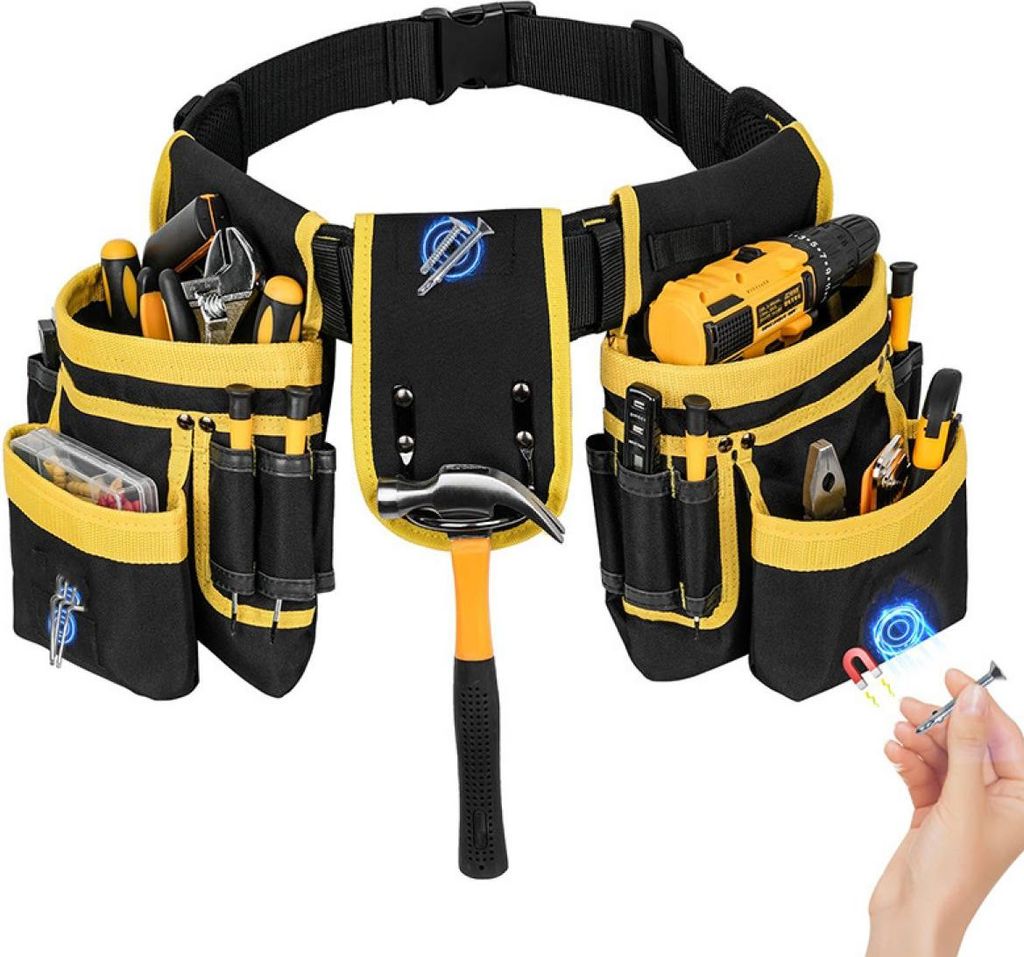 Werkzeuggürtel mit 27 Taschen, abnehmbare und verstellbare magnetische Werkzeugtasche, robuster, gepolsterter Werkzeuggürtel für Herren, für El...