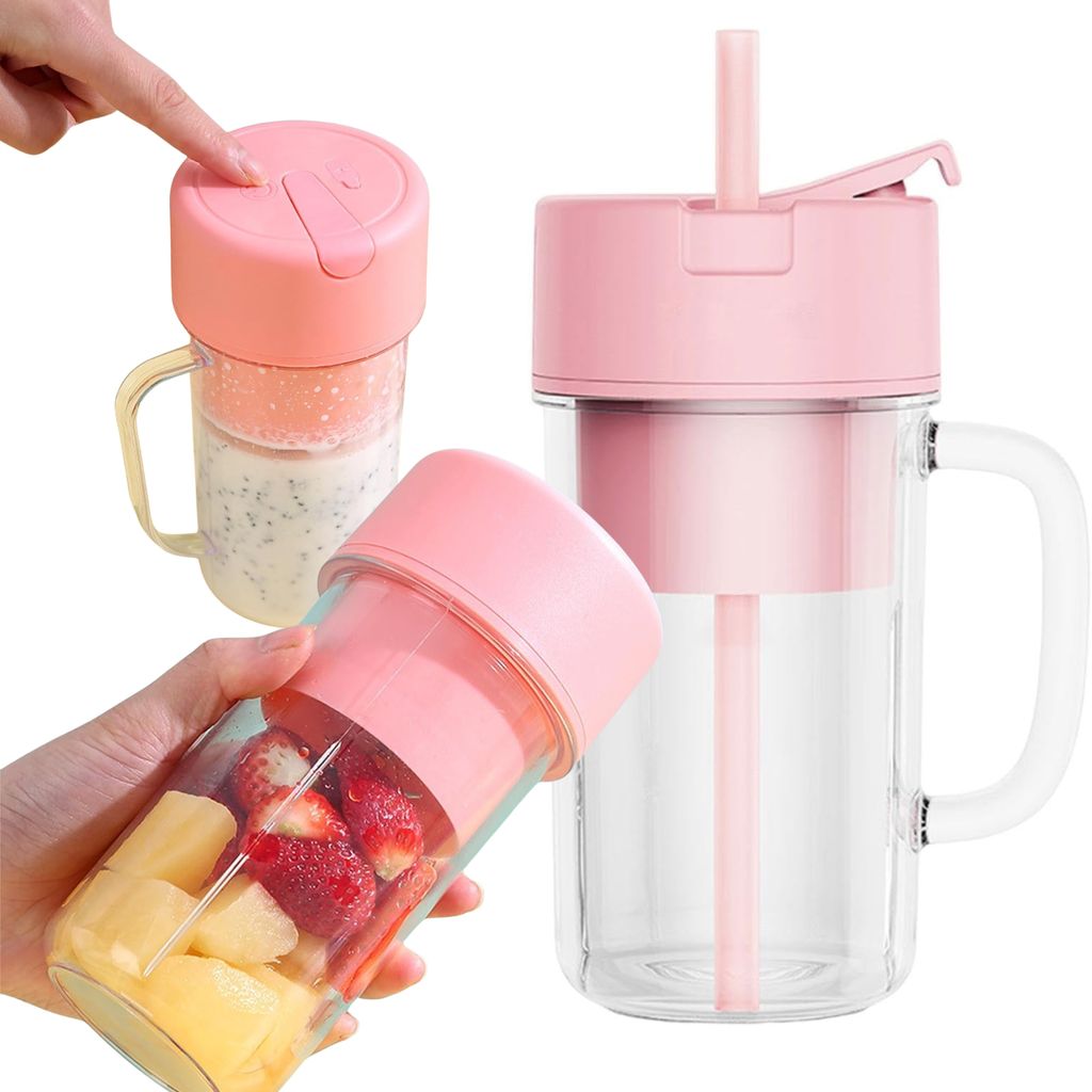 A hand holding a portable blender with fruit inside, and another blender with a straw on a white background.