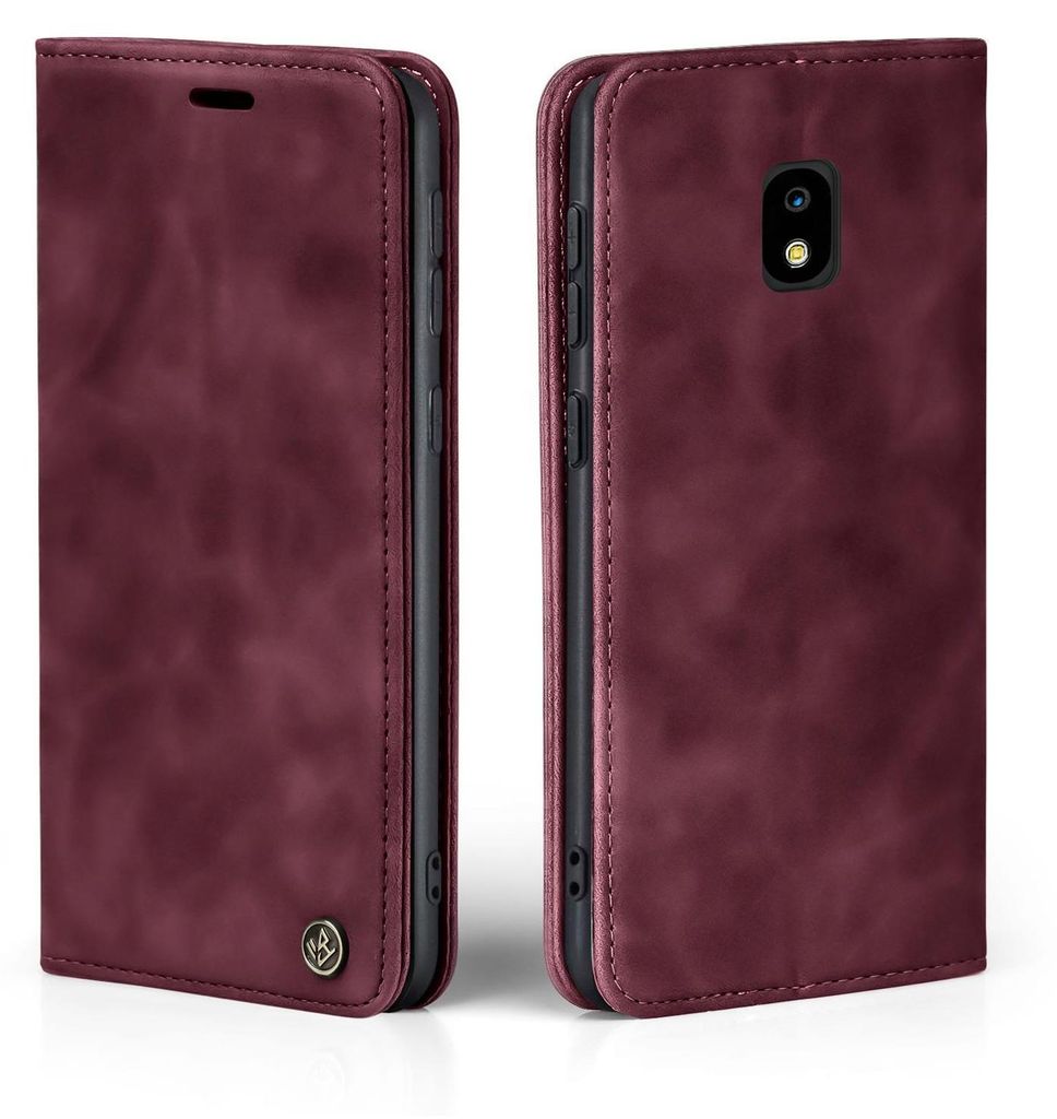 A burgundy flip case for a Samsung Galaxy J3 2017 phone, shown from the front and back.