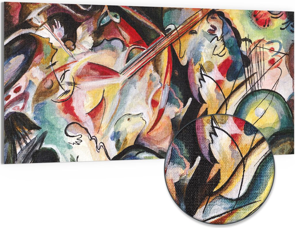 DEQORI Hybrid Leinwand Bild 100x50 cm 'Konzert im Kadinsky-Stil' Wandbild Glas flach modern