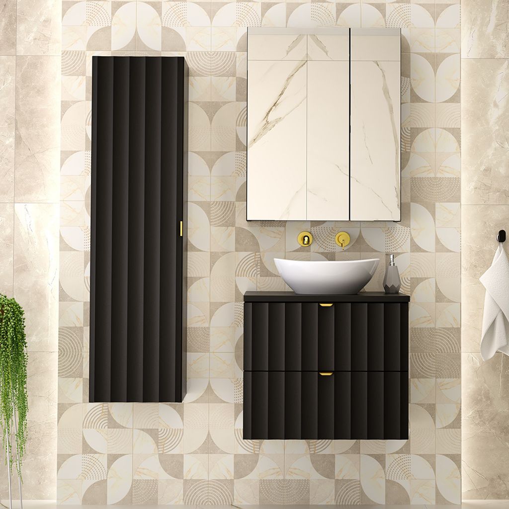 Badezimmermöbel Set 3-teilig inkl. Spiegelschrank in schwarz matt AVOLA-140