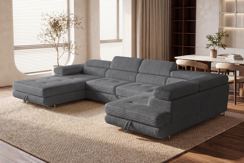 Wohnlandschaft Cordo U-Form XXL 345 cm Schlaffunktion 2 Bettkästen Breitcord Grau Rechts